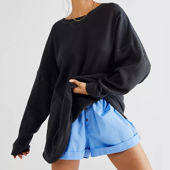 Free People Tops - Free People Intimate Revolve Early Night Black Waffle Knit Oversized Thermal Top